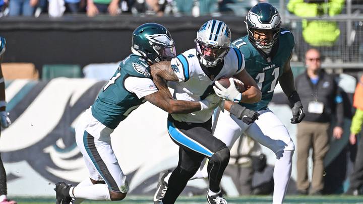 Oct 18, 2026; Philadelphia, Pennsylvania, USA; Carolina Panthers wide receiver Tetairoa McMillan (4) is tackled by Philadelphia Eagles cornerback Quinyon Mitchell (27) at Lincoln Financial Field. Mandatory Credit: Eric Hartline-Imagn Images Oct 18, 2026; Philadelphia, Pennsylvania, USA; Carolina Panthers wide receiver Tetairoa McMillan (4) is tackled by Philadelphia Eagles cornerback Quinyon Mitchell (27) at Lincoln Financial Field. Mandatory Credit: Eric Hartline-Imagn Images