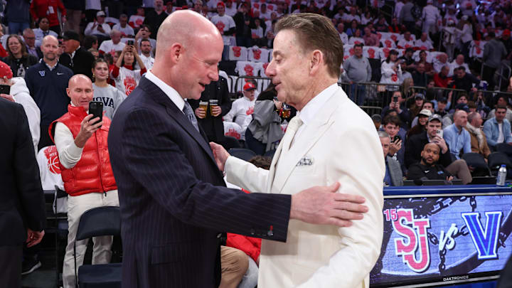 Feb 28, 2026; New York, New York, USA;  Villanova Wildcats head coach Kevin Willard greets St. John's basketball head coach Rick Pitino at Madison Square Garden. 