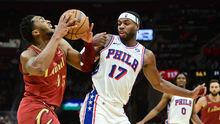 Feb 12, 2024; Cleveland, Ohio, USA; Cleveland Cavaliers guard Donovan Mitchell (45) drives to the basket against Philadelphia 76ers guard Buddy Hield (17) during the second half at Rocket Mortgage FieldHouse. Mandatory Credit: Ken Blaze-USA TODAY Sports Feb 12, 2024; Cleveland, Ohio, USA; Cleveland Cavaliers guard Donovan Mitchell (45) drives to the basket against Philadelphia 76ers guard Buddy Hield (17) during the second half at Rocket Mortgage FieldHouse. Mandatory Credit: Ken Blaze-USA TODAY Sports