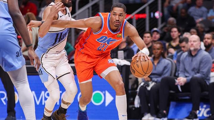 Feb 28, 2025; Atlanta, Georgia, USA; Oklahoma City Thunder guard Aaron Wiggins (21) drives past Atlanta Hawks guard Trae Young (11) in the second quarter at State Farm Arena. Mandatory Credit: Brett Davis-Imagn Images
Feb 28, 2025; Atlanta, Georgia, USA; Oklahoma City Thunder guard Aaron Wiggins (21) drives past Atlanta Hawks guard Trae Young (11) in the second quarter at State Farm Arena. Mandatory Credit: Brett Davis-Imagn Images