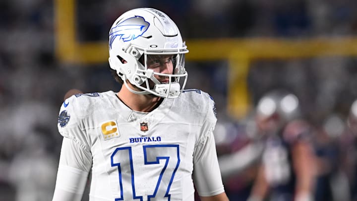 Oct 5, 2025; Orchard Park, New York, USA; Buffalo Bills quarterback Josh Allen (17) practices before the game at Highmark Stadium. Oct 5, 2025; Orchard Park, New York, USA; Buffalo Bills quarterback Josh Allen (17) practices before the game at Highmark Stadium.