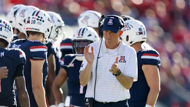 Nov 8, 2025; Tucson, Arizona, USA; Arizona Wildcats head coach Brent Brennan against the Kansas Jayhawks in the second half at Arizona Stadium. Mandatory Credit: Mark J. Rebilas-Imagn Images