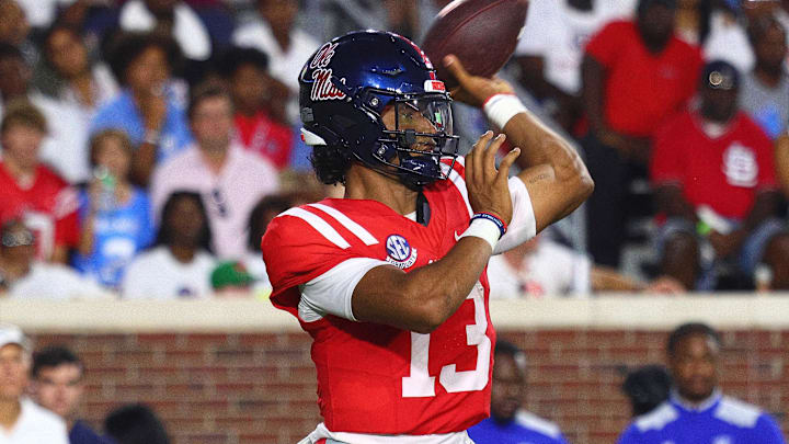 Aug 30, 2025; Oxford, Mississippi, USA; Mississippi Rebels quarterback Austin Simmons (13) passes the ball during the second quarter against the Georgia State Panthers at Vaught-Hemingway Stadium. Aug 30, 2025; Oxford, Mississippi, USA; Mississippi Rebels quarterback Austin Simmons (13) passes the ball during the second quarter against the Georgia State Panthers at Vaught-Hemingway Stadium.