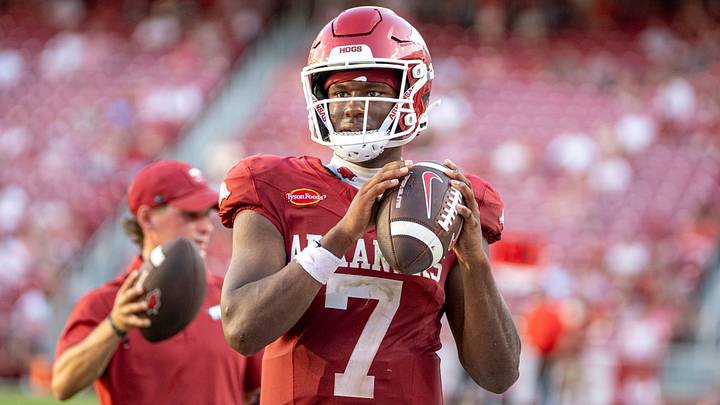 Arkansas Razorbacks quarterback KJ Jackson throws on the sideline during a second half timeout against North Alabama on Saturday, Sept. 5, 2026. Arkansas Razorbacks quarterback KJ Jackson throws on the sideline during a second half timeout against North Alabama on Saturday, Sept. 5, 2026.