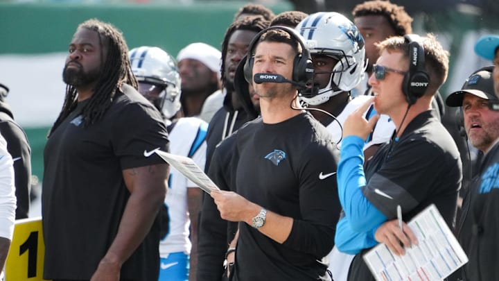 Oct 19, 2025; East Rutherford, New Jersey, USA; Carolina Panthers head coach Dave Canales looks on in the first quarter against the Carolina Panthers at MetLife Stadium. Mandatory Credit: Robert Deutsch-Imagn Images
