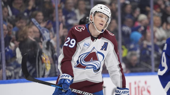 Jan 25, 2026; Toronto, Ontario, CAN; Colorado Avalanche forward Nathan MacKinnon (29) reacts after missing a scoring chance against the Toronto Maple Leafs during the second period at Scotiabank Arena. Mandatory Credit: John E. Sokolowski-Imagn Images