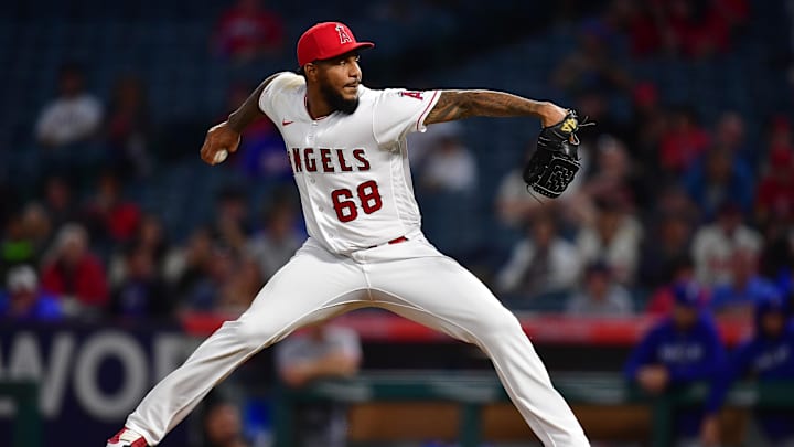 Sep 26, 2023; Anaheim, California, USA; Los Angeles Angels relief pitcher Jose Marte (68) throws against the Texas Rangers during the eighth inning at Angel Stadium. Mandatory Credit: Gary A. Vasquez-Imagn Images Sep 26, 2023; Anaheim, California, USA; Los Angeles Angels relief pitcher Jose Marte (68) throws against the Texas Rangers during the eighth inning at Angel Stadium. Mandatory Credit: Gary A. Vasquez-Imagn Images