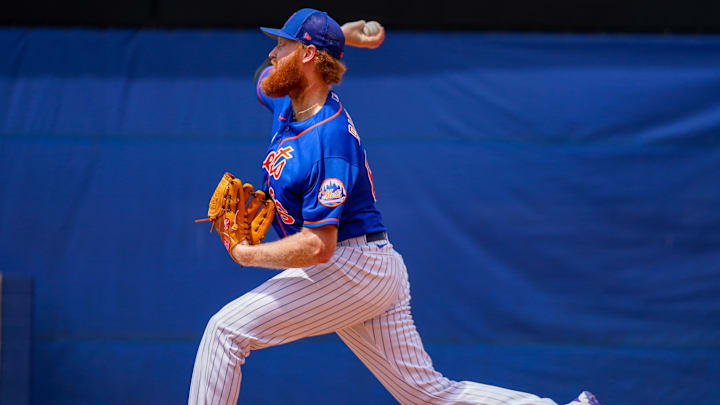 Mar 26, 2023; Port St. Lucie, Florida, USA; New York Mets starting pitcher Stephen Ridings (66) warms up prior to a game against the Miami Marlins at Clover Park. Mandatory Credit: Rich Storry-Imagn Images