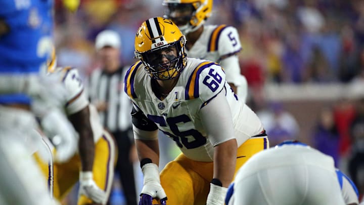 Sep 30, 2023; Oxford, Mississippi, USA; LSU Tigers offensive linemen Will Campbell (66) lines up before the snap during the second half  against the Mississippi Rebels at Vaught-Hemingway Stadium. Mandatory Credit: Petre Thomas-Imagn Images