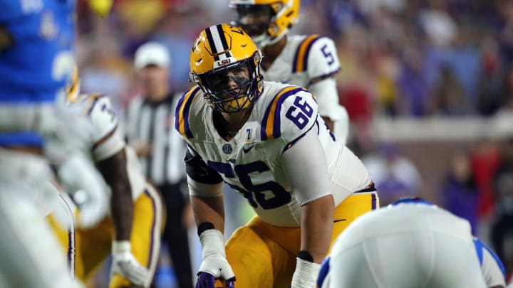 Sep 30, 2023; Oxford, Mississippi, USA; LSU Tigers offensive linemen Will Campbell (66) lines up before the snap during the second half  against the Mississippi Rebels at Vaught-Hemingway Stadium. Mandatory Credit: Petre Thomas-USA TODAY Sports
