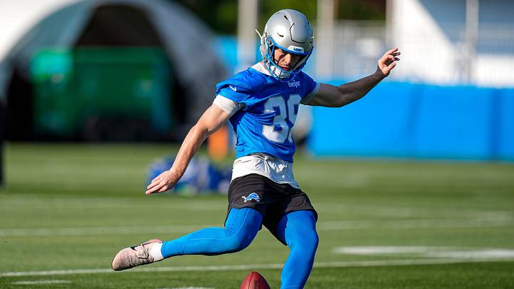 Detroit Lions kicker Jake Bates (39) practices during training camp at Meijer Performance Center in Allen Park on Thursday, July 30, 2026.