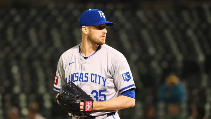 Jun 19, 2024; Oakland, California, USA; Kansas City Royals relief pitcher Chris Stratton (35) on the mound against the Oakland Athletics during the eighth inning at Oakland-Alameda County Coliseum.