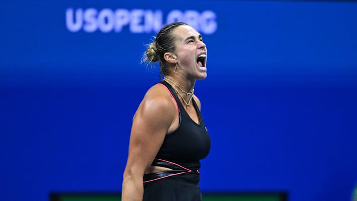 Aryna Sabalenka roars after defeating Jessica Pegula in the US Open semifinals.