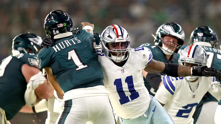 Nov 10, 2024; Arlington, Texas, USA; Dallas Cowboys linebacker Micah Parsons (11) rushes the passer in the game against the Philadelphia Eagles at AT&T Stadium. Mandatory Credit: Tim Heitman-Imagn Images