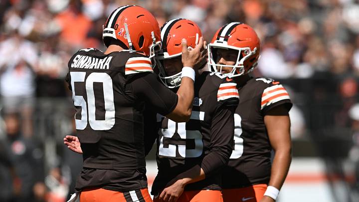 Sep 7, 2025; Cleveland, Ohio, USA; Cleveland Browns place kicker Andre Szmyt (25) celebrates with long snapper Rex Sunahara (50) and punter Corey Bojorquez (13) after kicking a field goal during the first half against the Cincinnati Bengals at Huntington Bank Field. Mandatory Credit: Ken Blaze-Imagn Images