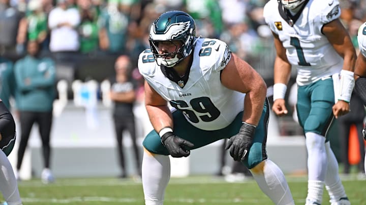 Sep 21, 2025; Philadelphia, Pennsylvania, USA;  Philadelphia Eagles guard Landon Dickerson (69) against the Los Angeles Rams at Lincoln Financial Field. Mandatory Credit: Eric Hartline-Imagn Images