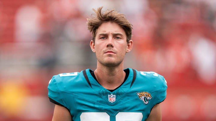 September 28, 2025; Santa Clara, California, USA; Jacksonville Jaguars place kicker Cam Little (39) after the game against the San Francisco 49ers at Levi's Stadium. Mandatory Credit: Kyle Terada-Imagn Images