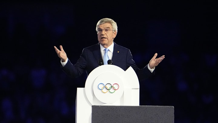 Thomas Bach during the Summer Olympics opening ceremony in Paris on Aug. 11, 2024.