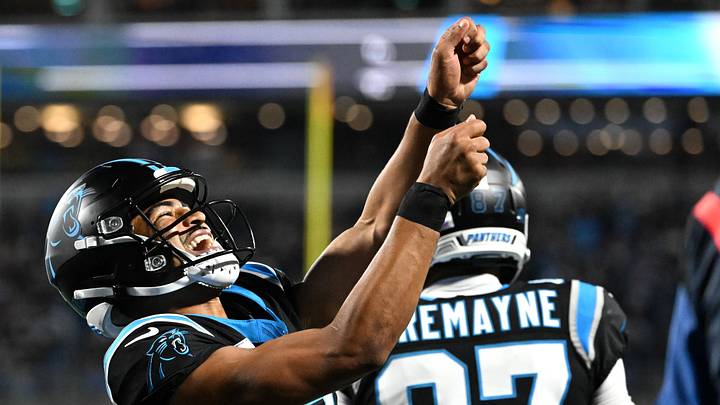 Oct 4, 2026; Charlotte, North Carolina, USA; Carolina Panthers quarterback Bryce Young (9) celebrates after a touchdown by wide receiver Tetairoa McMillan (not pictured) against the Detroit Lions during the third quarter at Bank of America Stadium. Mandatory Credit: Bob Donnan-Imagn Images Oct 4, 2026; Charlotte, North Carolina, USA; Carolina Panthers quarterback Bryce Young (9) celebrates after a touchdown by wide receiver Tetairoa McMillan (not pictured) against the Detroit Lions during the third quarter at Bank of America Stadium. Mandatory Credit: Bob Donnan-Imagn Images