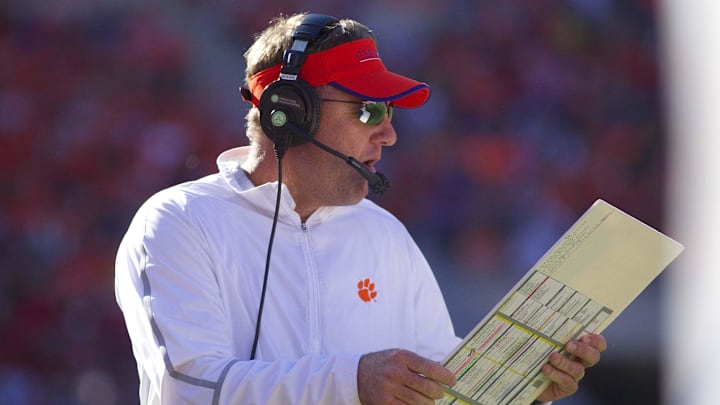 Oct 4, 2014; Clemson, SC, USA; Clemson Tigers offensive coordinator Chad Morris during the second quarter against the North Carolina State Wolfpack at Clemson Memorial Stadium. Mandatory Credit: Joshua S. Kelly-Imagn Images