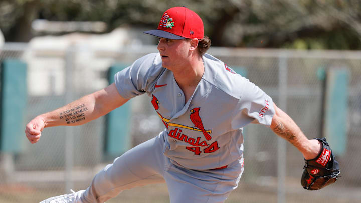 Feb 16, 2026; Jupiter, FL, USA; St. Louis Cardinals pitcher pitcher Gordon Graceffo (44) throws a pitch during spring training workouts at Roger Dean Stadium. Mandatory Credit: Reinhold Matay-Imagn Images Feb 16, 2026; Jupiter, FL, USA; St. Louis Cardinals pitcher pitcher Gordon Graceffo (44) throws a pitch during spring training workouts at Roger Dean Stadium. Mandatory Credit: Reinhold Matay-Imagn Images