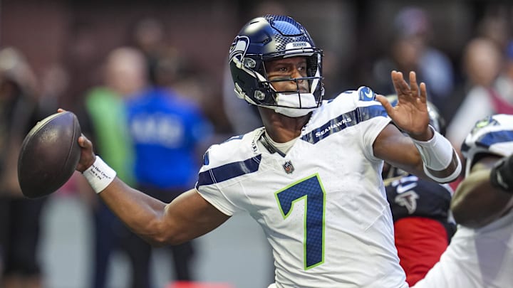 Oct 20, 2024; Atlanta, Georgia, USA; Seattle Seahawks quarterback Geno Smith (7) passes against the Atlanta Falcons during the first quarter at Mercedes-Benz Stadium. Mandatory Credit: Dale Zanine-Imagn Images Oct 20, 2024; Atlanta, Georgia, USA; Seattle Seahawks quarterback Geno Smith (7) passes against the Atlanta Falcons during the first quarter at Mercedes-Benz Stadium. Mandatory Credit: Dale Zanine-Imagn Images