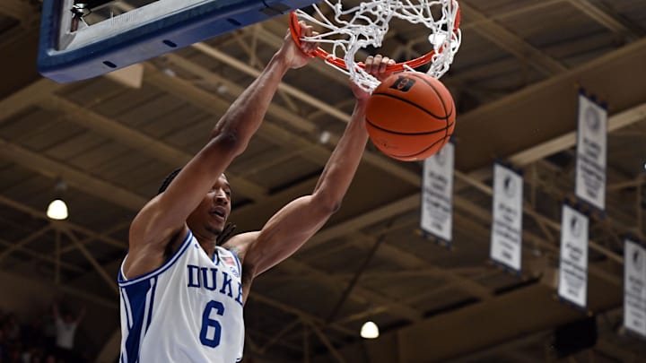 Mar 7, 2026; Durham, North Carolina, USA; Duke Blue Devils forward Maliq Brown (6) dunks during the second half against the North Carolina Tar Heels at Cameron Indoor Stadium.  The Duke Blue Devils won 76-61. Mandatory Credit: Rob Kinnan-Imagn Images