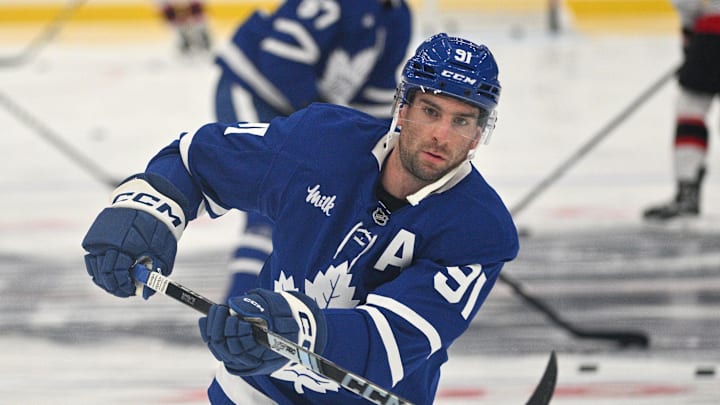 Sep 22, 2024; Toronto, Ontario, CAN;  Toronto Maple Leafs forward John Tavares (19) warms up before playing the Ottawa Senators at Scotiabank Arena. Mandatory Credit: Dan Hamilton-Imagn Images