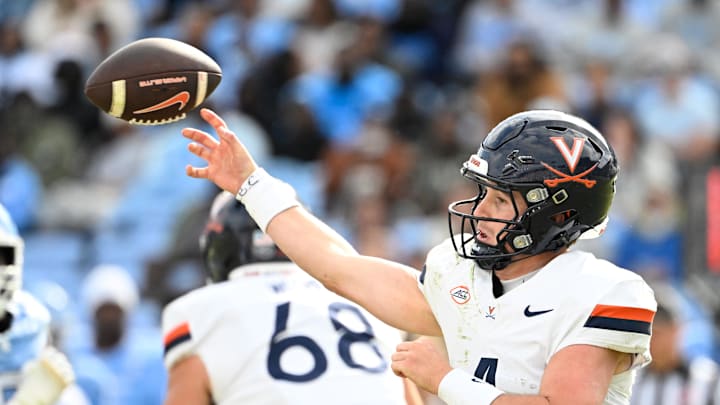 Oct 25, 2025; Chapel Hill, North Carolina, USA; Virginia Cavaliers quarterback Chandler Morris (4) passes the ball in the fourth quarter at Kenan Stadium. Mandatory Credit: Bob Donnan-Imagn Images