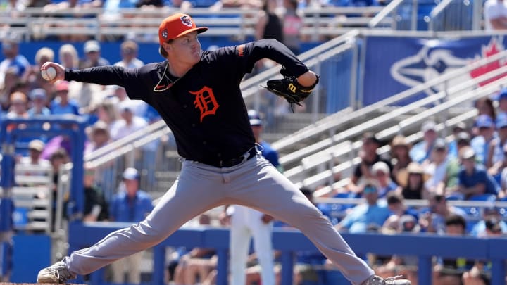 Mar 23, 2024; Dunedin, Florida, USA;  Detroit Tigers relieve pitcher Trey Wingenter throws a pitch agains the Toronto Blue Jays during the fifth inning at TD Ballpark.