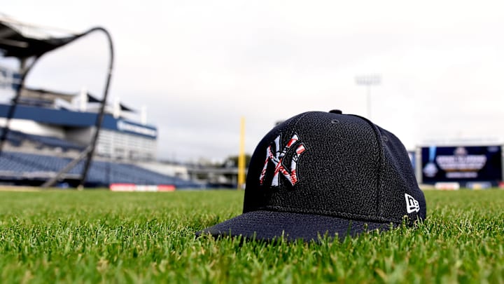 A New York Yankees hat is seen during a spring training workout at George M. Steinbrenner Field in 2020.