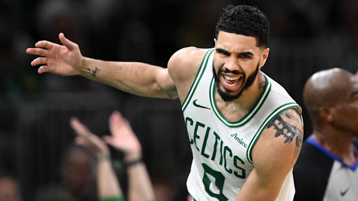 Feb 12, 2025; Boston, Massachusetts, USA; Boston Celtics forward Jayson Tatum (0) reacts during the third quarter of game against the San Antonio Spurs at the TD Garden. Mandatory Credit: Brian Fluharty-Imagn Images Feb 12, 2025; Boston, Massachusetts, USA; Boston Celtics forward Jayson Tatum (0) reacts during the third quarter of game against the San Antonio Spurs at the TD Garden. Mandatory Credit: Brian Fluharty-Imagn Images