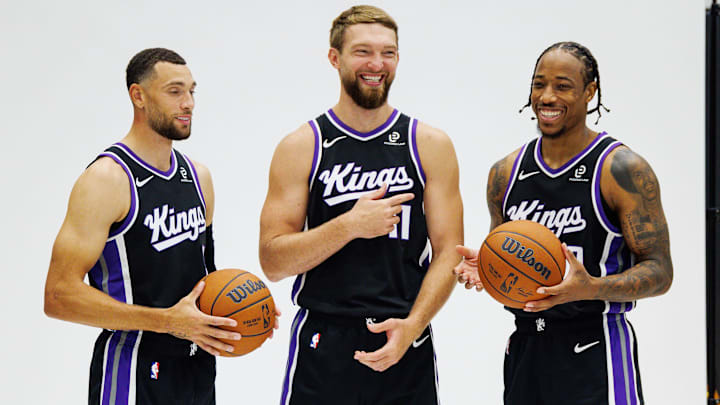 Sep 29, 2025; Sacramento, CA, USA; Sacramento Kings guard Zach LaVine (8), forward Domantas Sabonis (11), and forward DeMar DeRozan (10) pose for a photo during media day at Golden 1 Center. Mandatory Credit: Sergio Estrada-Imagn Images Sep 29, 2025; Sacramento, CA, USA; Sacramento Kings guard Zach LaVine (8), forward Domantas Sabonis (11), and forward DeMar DeRozan (10) pose for a photo during media day at Golden 1 Center. Mandatory Credit: Sergio Estrada-Imagn Images