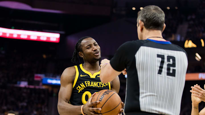 Dec 23, 2023; San Francisco, California, USA; Golden State Warriors forward Jonathan Kuminga (00) reacts after Official JT Orr (72) calls him for a foul against Portland Trail Blazers forward Jerami Grant (9) during the first half at Chase Center. Mandatory Credit: John Hefti-Imagn Images Dec 23, 2023; San Francisco, California, USA; Golden State Warriors forward Jonathan Kuminga (00) reacts after Official JT Orr (72) calls him for a foul against Portland Trail Blazers forward Jerami Grant (9) during the first half at Chase Center. Mandatory Credit: John Hefti-Imagn Images