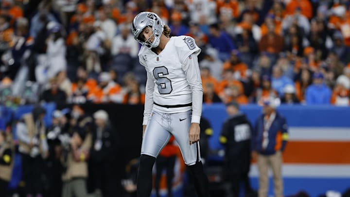Nov 6, 2025; Denver, Colorado, USA; Las Vegas Raiders punter AJ Cole (6) reacts during the first half at Empower Field at Mile High. Mandatory Credit: Isaiah J. Downing-Imagn Images