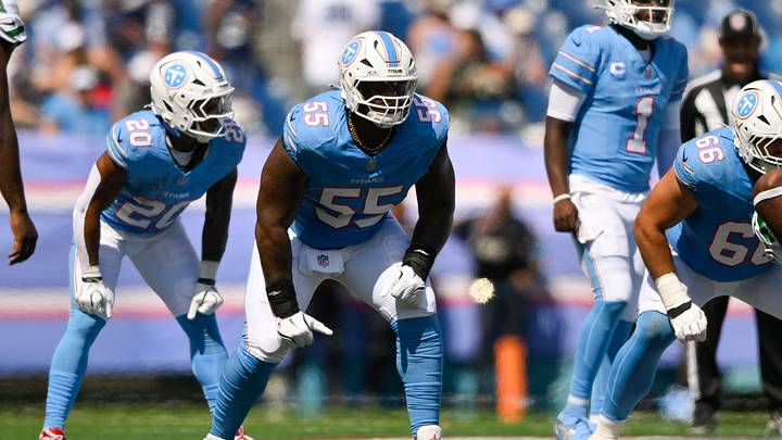 Sep 13, 2026; Nashville, Tennessee, USA; Tennessee Titans offensive tackle JC Latham (55) against the New York Jets during the second half at Nissan Stadium. Mandatory Credit: Steve Roberts-Imagn Images Sep 13, 2026; Nashville, Tennessee, USA; Tennessee Titans offensive tackle JC Latham (55) against the New York Jets during the second half at Nissan Stadium. Mandatory Credit: Steve Roberts-Imagn Images