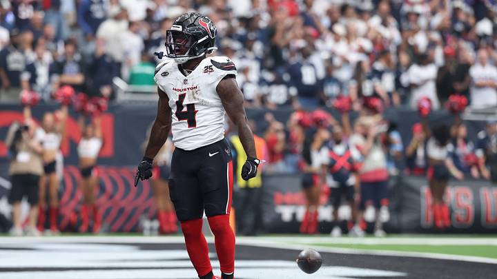 Oct 4, 2026; Houston, Texas, USA; Houston Texans running back Woody Marks (4) reacts after scoring a touchdown during the fourth quarter against the Dallas Cowboys at Reliant Stadium. Mandatory Credit: Thomas Shea-Imagn Images Oct 4, 2026; Houston, Texas, USA; Houston Texans running back Woody Marks (4) reacts after scoring a touchdown during the fourth quarter against the Dallas Cowboys at Reliant Stadium. Mandatory Credit: Thomas Shea-Imagn Images
