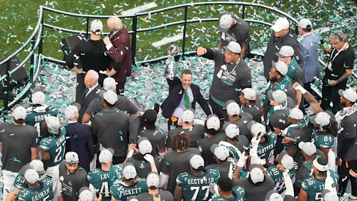 Feb 9, 2025; New Orleans, LA, USA; Philadelphia Eagles general manager Howie Roseman celebrates after defeating the Kansas City Chiefs in Super Bowl LIX at Caesars Superdome. Mandatory Credit: James Lang-Imagn Images