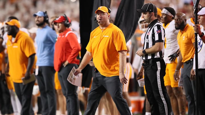 Oct 5, 2024; Fayetteville, Arkansas, USA; Tennessee Volunteers head coach Josh Heupel during the second half against the Arkansas Razorbacks at Donald W. Reynolds Razorback Stadium. Arkansas won 19-14. Mandatory Credit: Nelson Chenault-Imagn Images