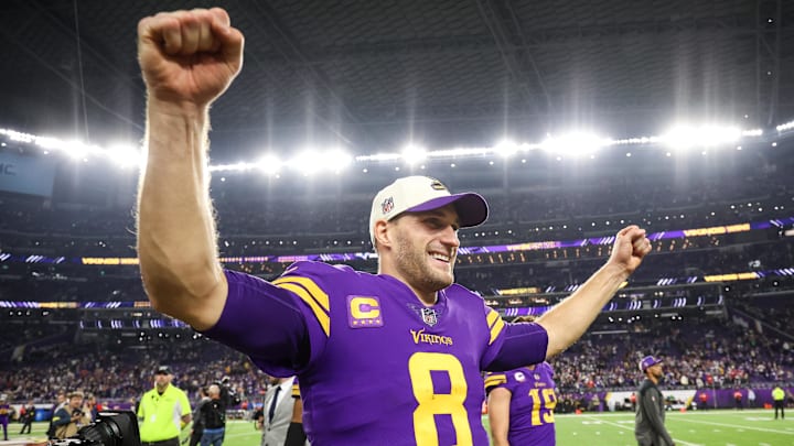 Nov 24, 2022; Minneapolis, Minnesota, USA; Minnesota Vikings quarterback Kirk Cousins (8) celebrates