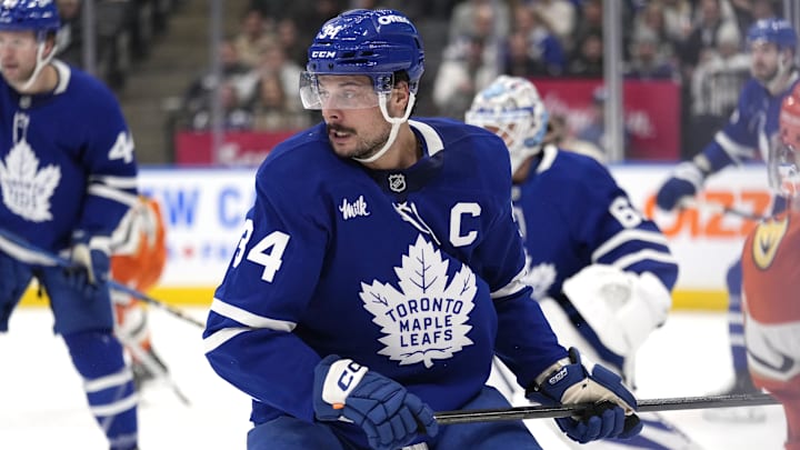 Dec 12, 2024; Toronto, Ontario, CAN; Toronto Maple Leafs forward Auston Matthews (34) looks for the puck against the Anaheim Ducks during the second period at Scotiabank Arena. Mandatory Credit: John E. Sokolowski-Imagn Images