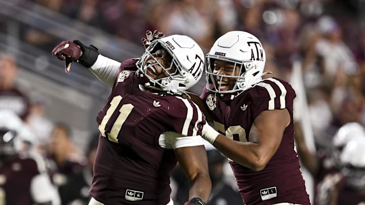 Texas A&M Aggies defensive tackle Tyler Onyedim reacts during the fourth quarter against the Florida Gators