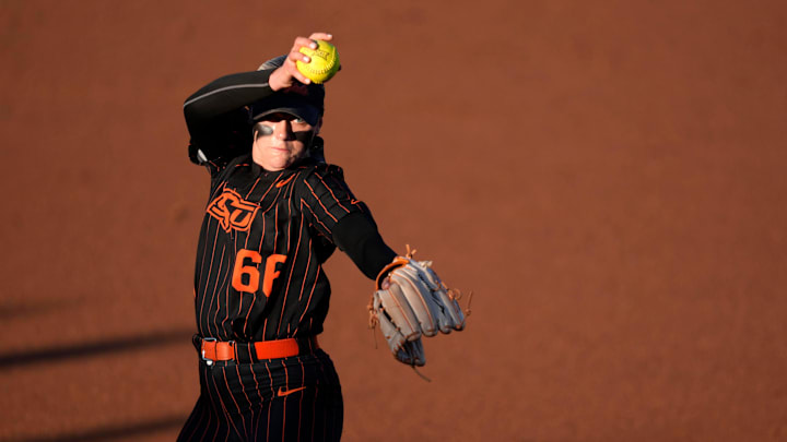 Oklahoma State's Ruby Meylan (66) pitches during an NCAA softball game between the University of Oklahoma State Cowgirls and the Texas Longhorns in Stillwater, Okla., Wednesday, April 23, 2025. Texas won 1-0. Oklahoma State's Ruby Meylan (66) pitches during an NCAA softball game between the University of Oklahoma State Cowgirls and the Texas Longhorns in Stillwater, Okla., Wednesday, April 23, 2025. Texas won 1-0.