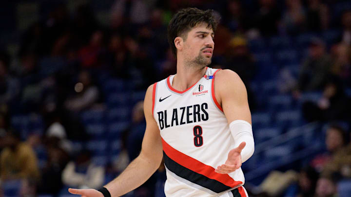 Jan 8, 2025; New Orleans, Louisiana, USA; Portland Trail Blazers forward Deni Avdija (8) reacts against the New Orleans Pelicans during the second half at Smoothie King Center. Mandatory Credit: Matthew Hinton-Imagn Images Jan 8, 2025; New Orleans, Louisiana, USA; Portland Trail Blazers forward Deni Avdija (8) reacts against the New Orleans Pelicans during the second half at Smoothie King Center. Mandatory Credit: Matthew Hinton-Imagn Images