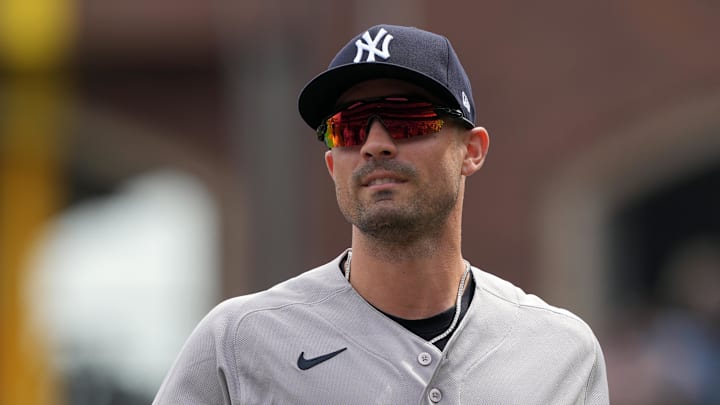 Mar 27, 2026; San Francisco, California, USA; New York Yankees left fielder Randal Grichuk (34) before the game against the San Francisco Giants at Oracle Park. Mandatory Credit: Darren Yamashita-Imagn Images