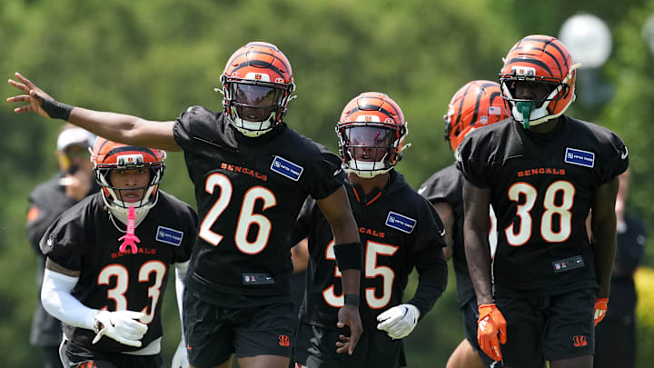 Jun 10, 2025; Cincinnati, OH, USA; Cincinnati Bengals safety Daijahn Anthony (33), safety Tycen Anderson (26), cornerback Jalen Davis (35) and cornerback DJ Ivey (38) take the field during practice at Paycor Stadium. Mandatory Credit: Kareem Elgazzar-Imagn Images