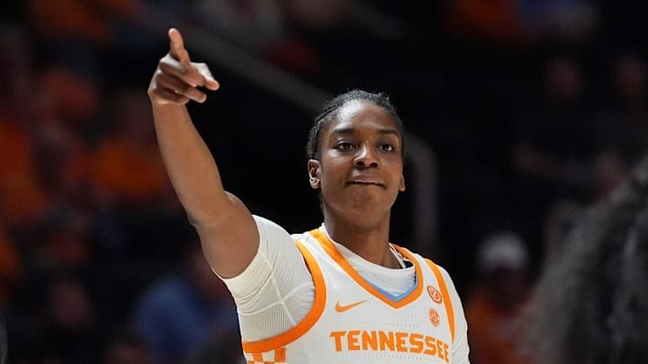 Tennessee forward Alyssa Latham (33) acknowledges the assist during an NCAA college basketball game vs. Mizzou on Feb 12, 2026.