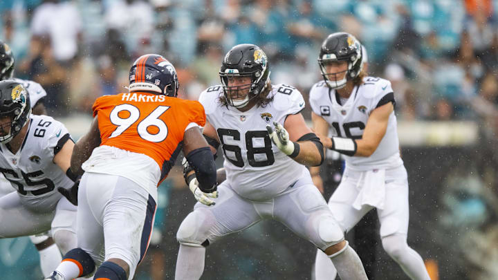 Sep 19, 2021; Jacksonville, Florida, USA; Jacksonville Jaguars guard Andrew Norwell (68) against the Denver Broncos at TIAA Bank Field. Mandatory Credit: Mark J. Rebilas-Imagn Images