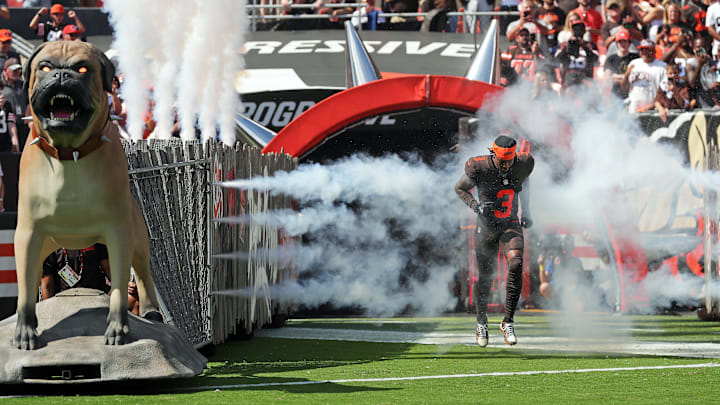 Cleveland Browns wide receiver Jerry Jeudy (3) takes the field before an NFL football game at Huntington Bank Field, Sept. 21, 2025, in Cleveland, Ohio.