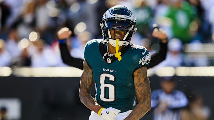 Oct 27, 2024; Cincinnati, Ohio, USA; Philadelphia Eagles wide receiver DeVonta Smith (6) reacts after scoring a touchdown against the Cincinnati Bengals in the second half at Paycor Stadium. Mandatory Credit: Katie Stratman-Imagn Images